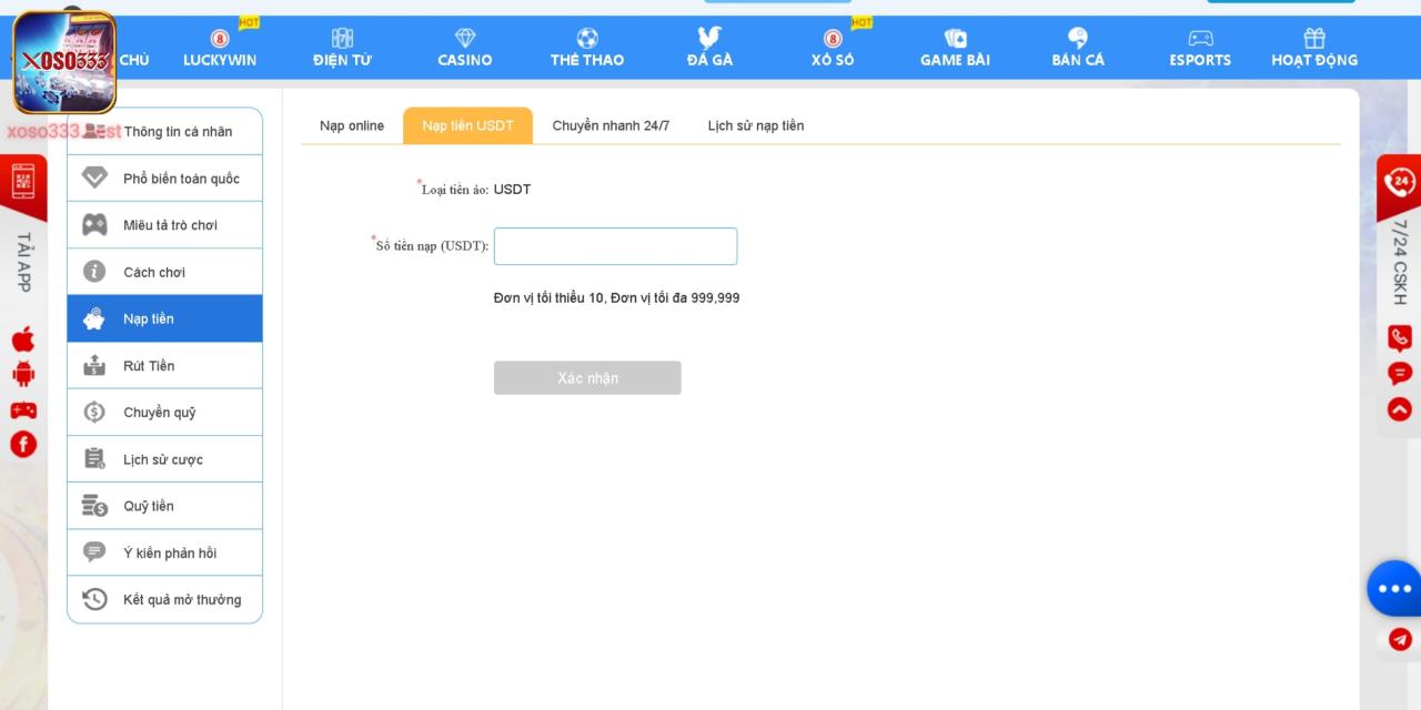 Thủ tục nạp tiền và xét duyệt đối với cổng tiền ảo USDT tại Xoso333 và VNSOXO